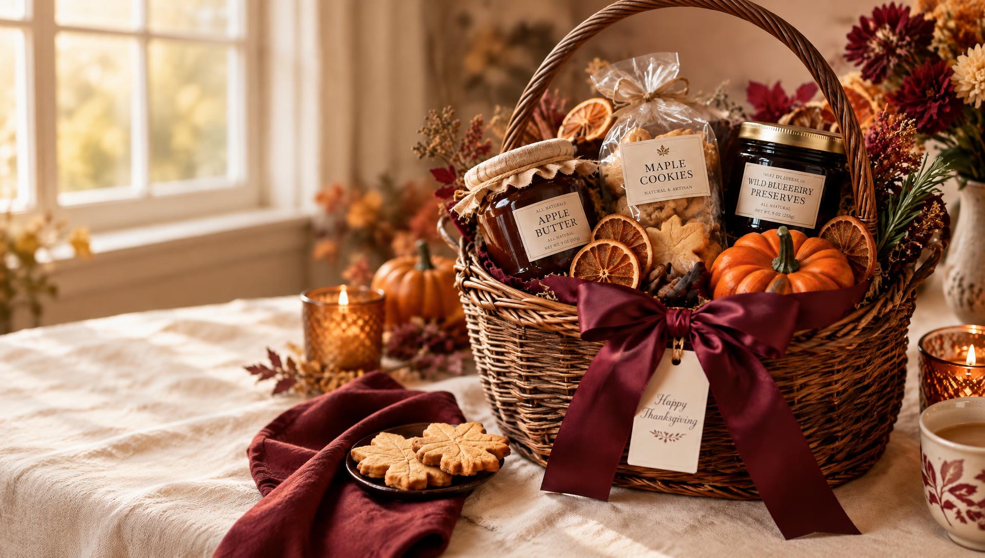 Handmade Thanksgiving gift basket tied with a burgundy ribbon on a cream table